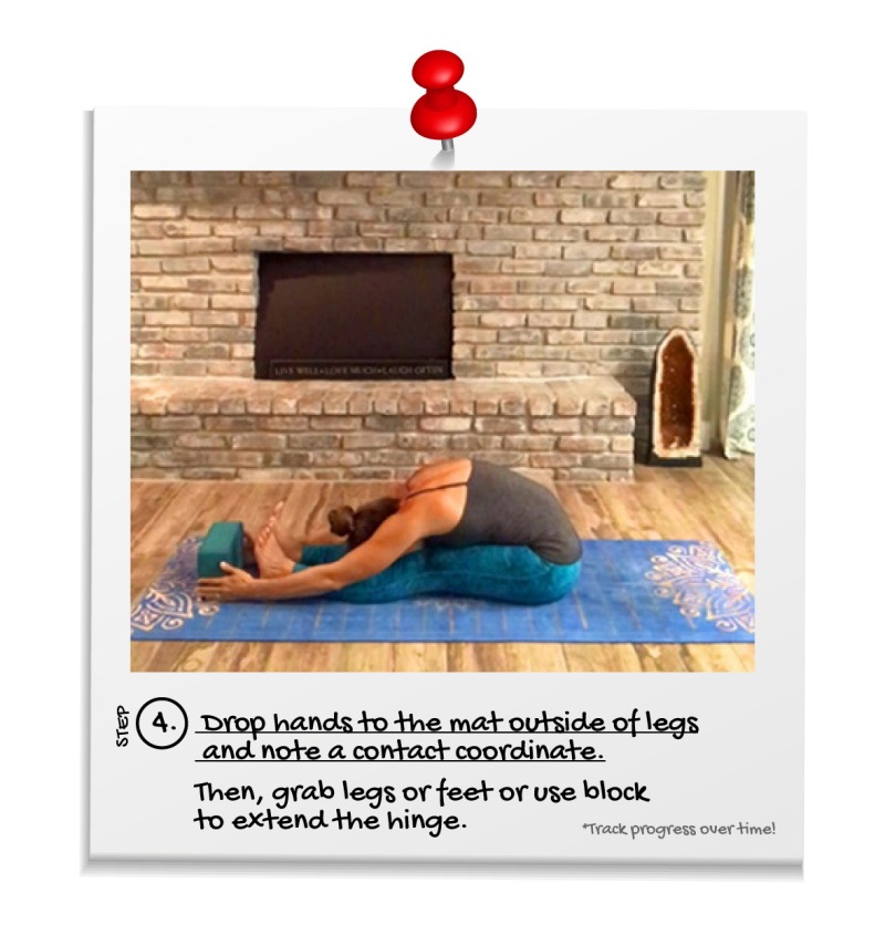 Yoga Pose Instruction Paschimottanasana Step 4. Final step to perform seated forward fold / bend. 4 - Drop hands to the mat outside of legs and note a contact coordinate. 4a - Grab legs or feet or use block to extend the hinge. Continue performing pose - Track consistency and progress over time